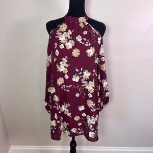 Lush Burgundy Floral Cold Shoulder Halter Shift Dress XS Long Sleeve Chiffon